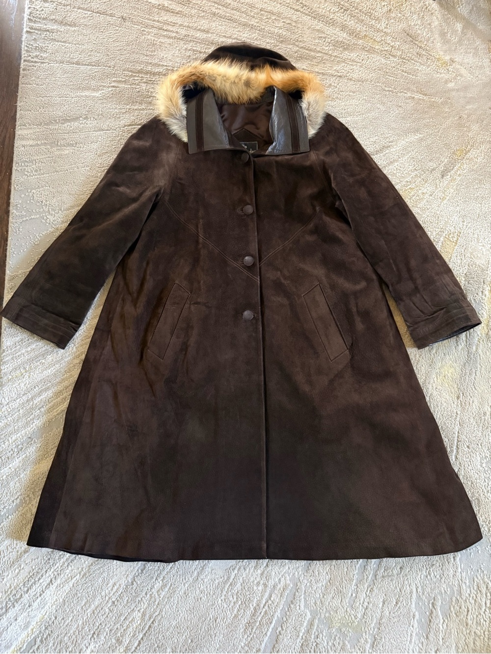 Vintage brown suede leather long line coat jacket with hood fur trim 40 / medium - Picture 1 of 12